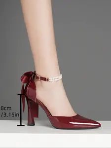 Elegant Wine Patent Leather Women High Heels Footwear with Pearl Buckle Straps, Fine Heel Butterfly Knot Design, Perfect for Dating