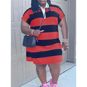 [Plus Size Striped Print Dress] Fashion Plus Size Striped Print Short Sleeve Dress with Turnover Collar