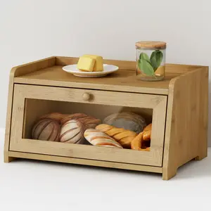 Wood Bread Box For Kithcen Countertop  Rustic Breadox Storage Container Homemade Small Keeper Holder Organizer With Window (natural Bamboo)