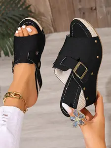 Women's Outdoor Summer Retro Wedge Fish Mouth Sandals, Vintage Woven Thick Sole Rubber Sole Slip-On Shoes, Metal Buckle Casual