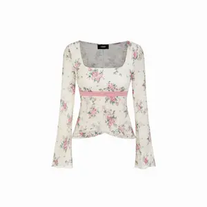 Cider Vintage Floral Lace Square Neck Long Sleeve Blouse with Pink Belt - Women's Sweet Ruffled Hem Top