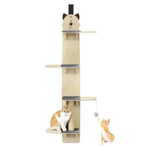Over-the-Door 4-Tier Vertical Tier Solid Wood Cat Shelf - Cat Tree with Scratching Post, Scratching Pads, Tease Ball, Ladder for Indoor Kittens’ Climbing Fun & Interactive Play