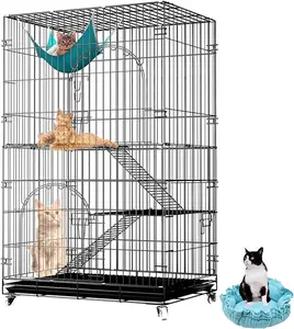 46 inch 3-Tier Folding Cat Enclosures, Large Metal Wire Cat Cage Crate Kennel Playpen with Wheels Shelves Ladders Tray for Cat Chinchilla Kittens