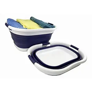 SAMMART Set of 2 Collapsible 3 handled Plastic Laundry Basket-Oval Washing Tub/Basket-Foldable Storage Container/Hamper-Easy Storage Space Saving