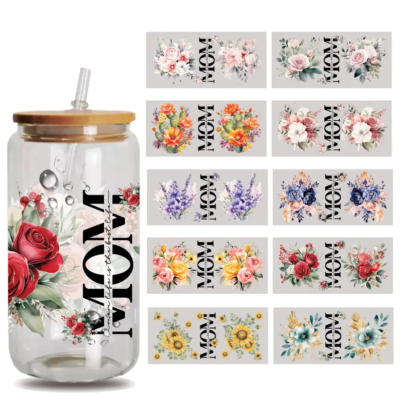UV DTF Cup Wraps - 10 Sheets MOM Flowers Mother's Day Gifts for Mom16 oz Glass, UV DTF Wraps Waterproof Stickers UV DTF Cup Wrap Transfer for Glass Cups Wood Crafts