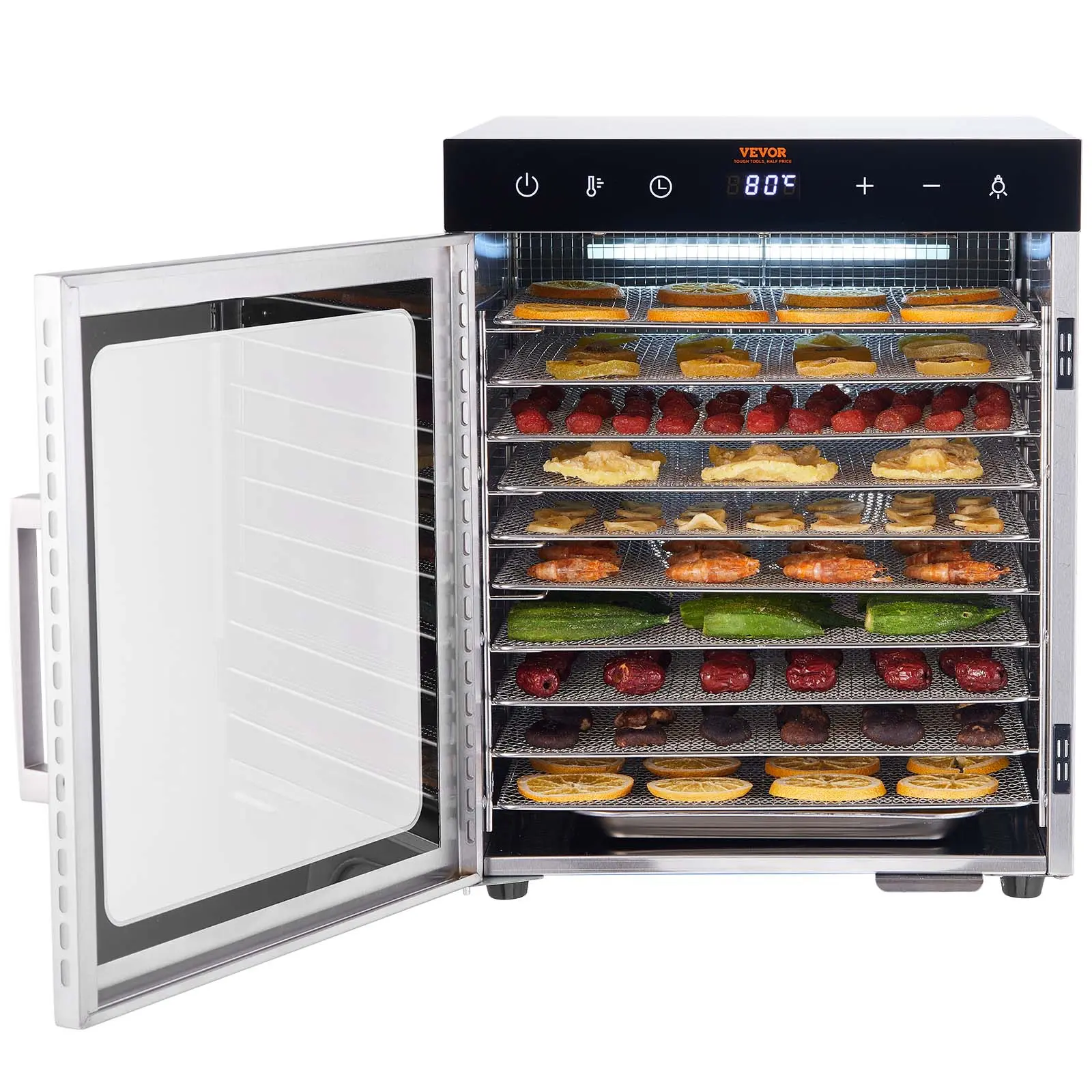 【fathersdaygift】VEVOR Electric Food Dehydrator Machine – 800W Kitchen Appliances Food Dryer with 10 Stainless Steel TraysDigital Adjustable Timer & Temperature for JerkyFruitDog Treats