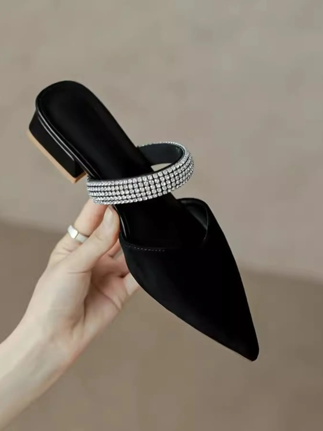 Summer Women Luxury Rhinestone Slip-On Mules, Pointed Toe Thick Heel Square Head Half Sandals, Commuter Elegant Outdoor Flip Flops, Footwear