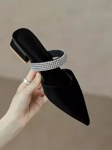 Summer Luxury Rhinestone Slip-On Mules, Pointed Toe Thick Heel Square Head Half Sandals, Commuter Elegant Outdoor Flip Flops