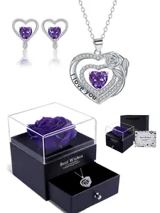 2-Piece Heart Birthstone Pendant Set, Necklace & Silver Earrings, Matching Jewelry Set, Eternal Rose Gift Box, Ideal Valentine's Day Birthday Present