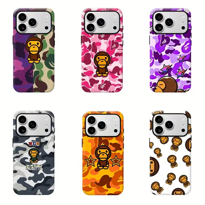 Bape camouflage rugged case for iPhone 17 16 15 14 13 12 11 Pro Max - modern design with Milo heart, the perfect gift