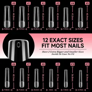 XXL Long Square Straight Nail Tips Pre shaped Full Cover Gel Nail Tips Tapered Square 120PCS for Fake False Nails Extensions 12 Sizes DIY Press On Nails No Need File