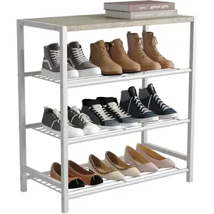 4-Tier Shoe Rack, Industrial Shoe, Shoe Organizer for Closet Entryway, Small Shoe Rack Table with Shelves and MDF Top, White Oak
