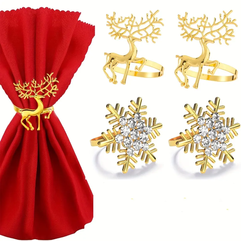 8pcs Elegant Golden Snowflake Reindeer Napkin Rings - Vintage Metal Design for Christmas, Valentine'S Day, Birthdays, Weddings, Thanksgiving & Dinner Parties - Perfect Holiday Table Decorations, Christmas Decorations, Best for Christmas
