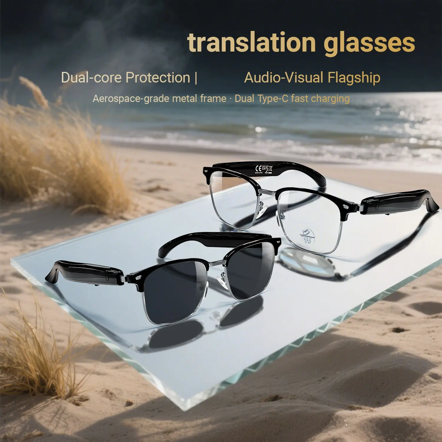Koipsse Smart Glasses Translator Speaker, HiFi Sound, Rechargeable TWS Audio Earbuds, Bt5.4 Wireless, Dual Touch Control, Ideal for Office and Travel