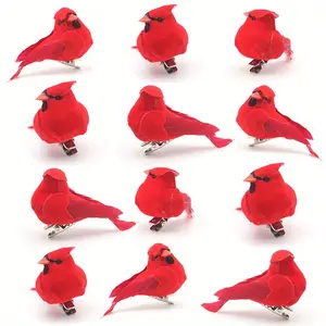 12pcs Christmas Cardinal Red Bird Clip on Tree Ornaments Foam Bird Decorations Approx. 2.36 Inch Bright Red Velvet & Feathers Wreaths Garland Centerpieces Decoration Crafts by Gift Boutique