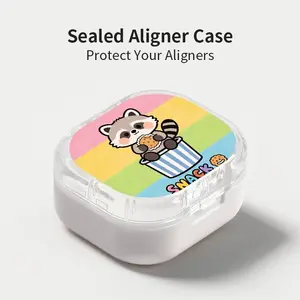 Cute Raccoon Eating Cookies Aligner Case, Sealed Leak-Proof Orthodontic Retainer Box, Portable Dust-Proof Storage for Students Adults Travel