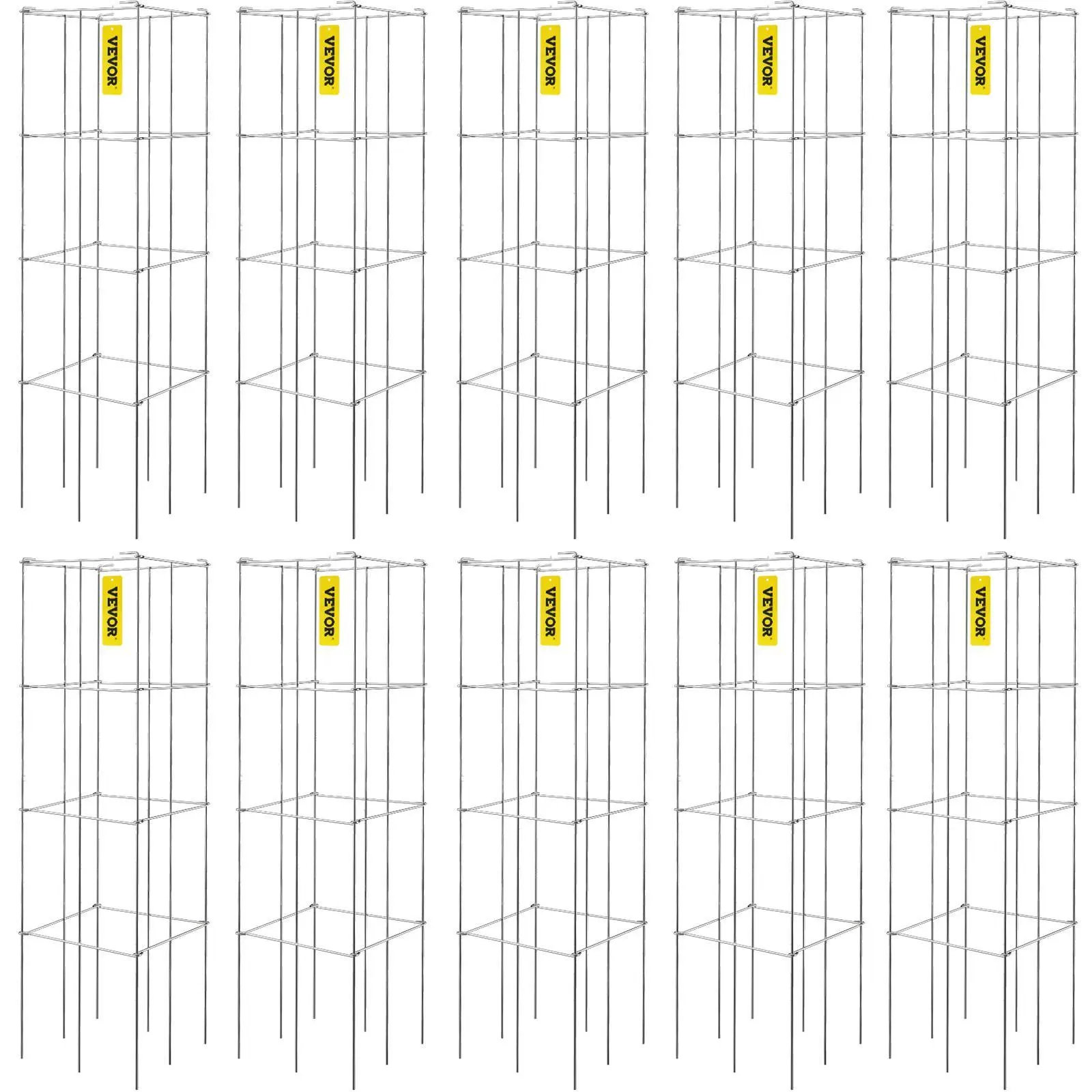 【SummerFinds】VEVOR Tomato Cages Garden Plant Supplies, 10-Pack 11.8"x11.8"x46.1" Silver PVC-Coated Steel Square Plant Trellis Supports for Home Garden, Outdoor Climbing Vegetables