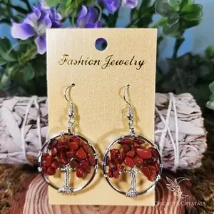 Platinum Plated Red Jasper Tree of Life Earrings for Aries and Scorpio - Crystal Earrings hippiejewelry earthy jewelry