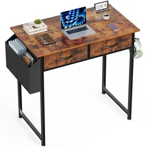 Small Computer Desk for Home Office & Bedroom, Writing Study PC Table with 2 Drawers, Fabric Side Storage Bag, Headphone Hook, Sturdy Metal Frame & Adjustable Feet, Space-Saving Modern Workstation for Small Spaces, Black
