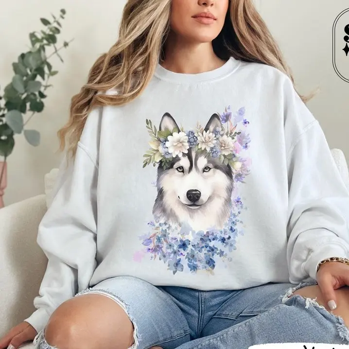 Husky Mom Sweater, Siberian Husky Sweatshirt, Floral Huskies Crewneck, Dog Mom Sweatshirt, New Dog Gift, Boho Flower Sweater, Husky Mom Gift