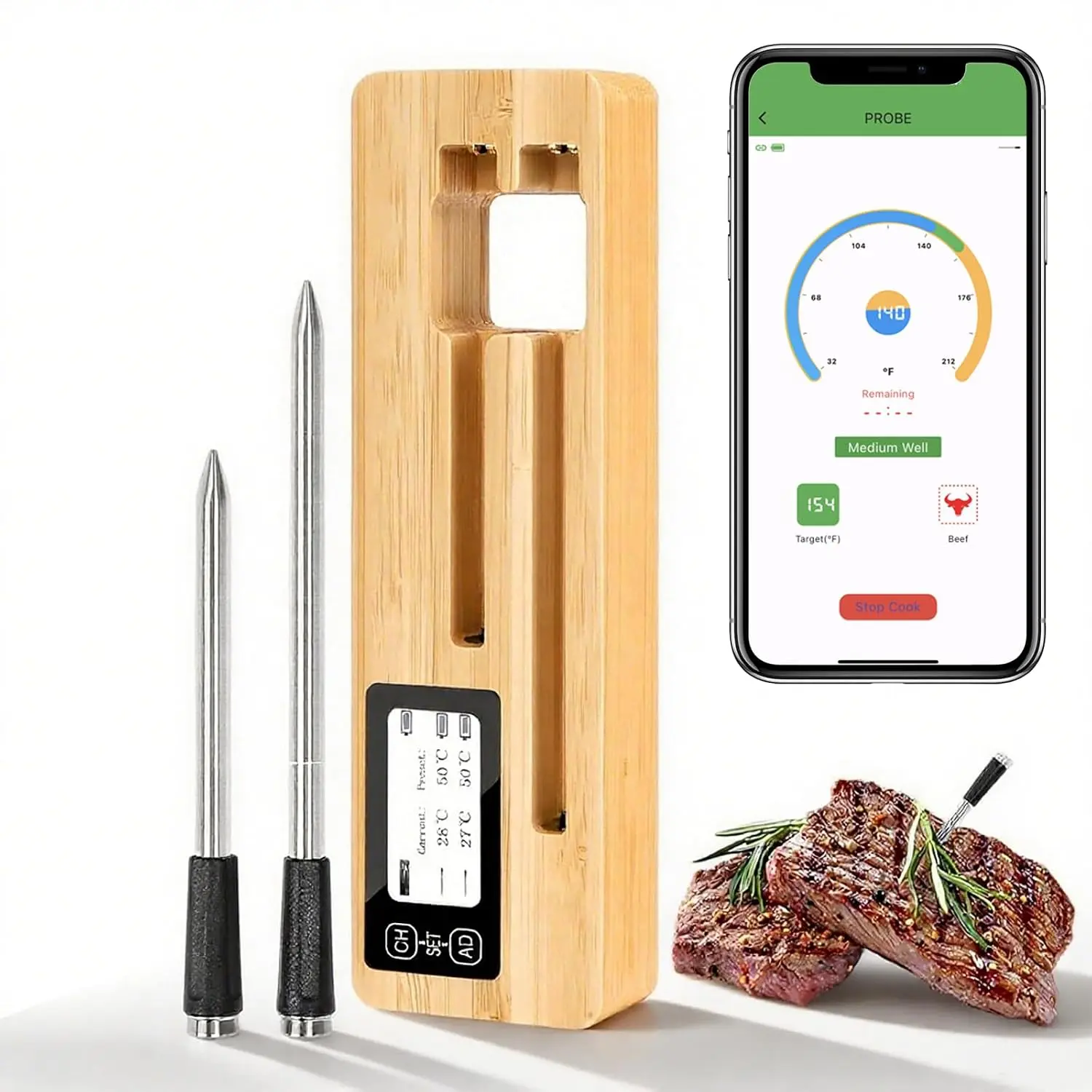 Wireless Meat Thermometer with 2 Meat Probes, Bluetooth 5.2 with App Control, Compatible with iOS & Android, IP68 Waterproof, Fast Charging & Magnetic Smart Food Thermometer for Oven Grill BBQ
