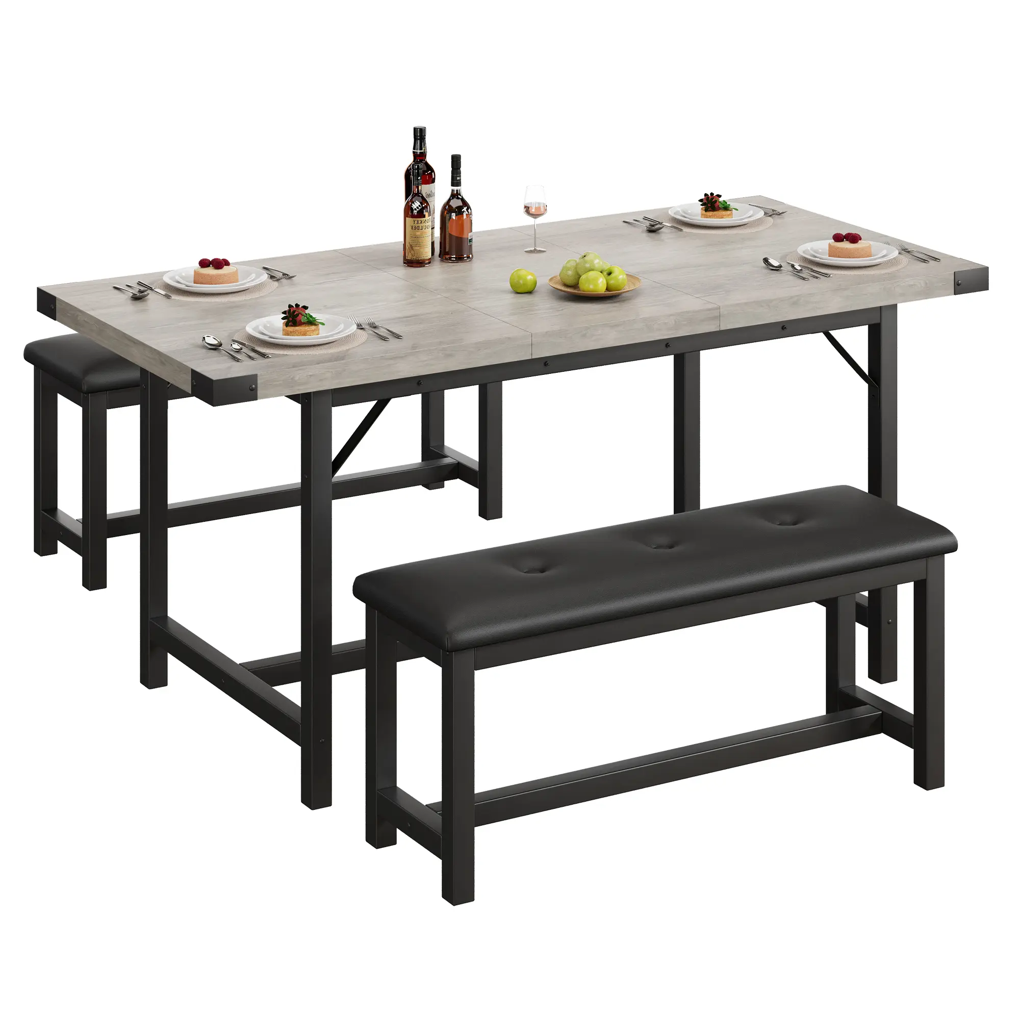 3-Piece Bench Style Dining Table Set, Extendable Kitchen Table with 2 Benches, Wooden Dining Room Table Set for 4-6 People, Space Saving Dinette Set for Home, Kitchen, Apartment