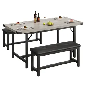 3-Piece Bench Style Dining Table Set, Extendable Kitchen Table with 2 Benches, Wooden Dining Room Table Set for 4-6 People, Space Saving Dinette Set for Home, Kitchen, Apartment