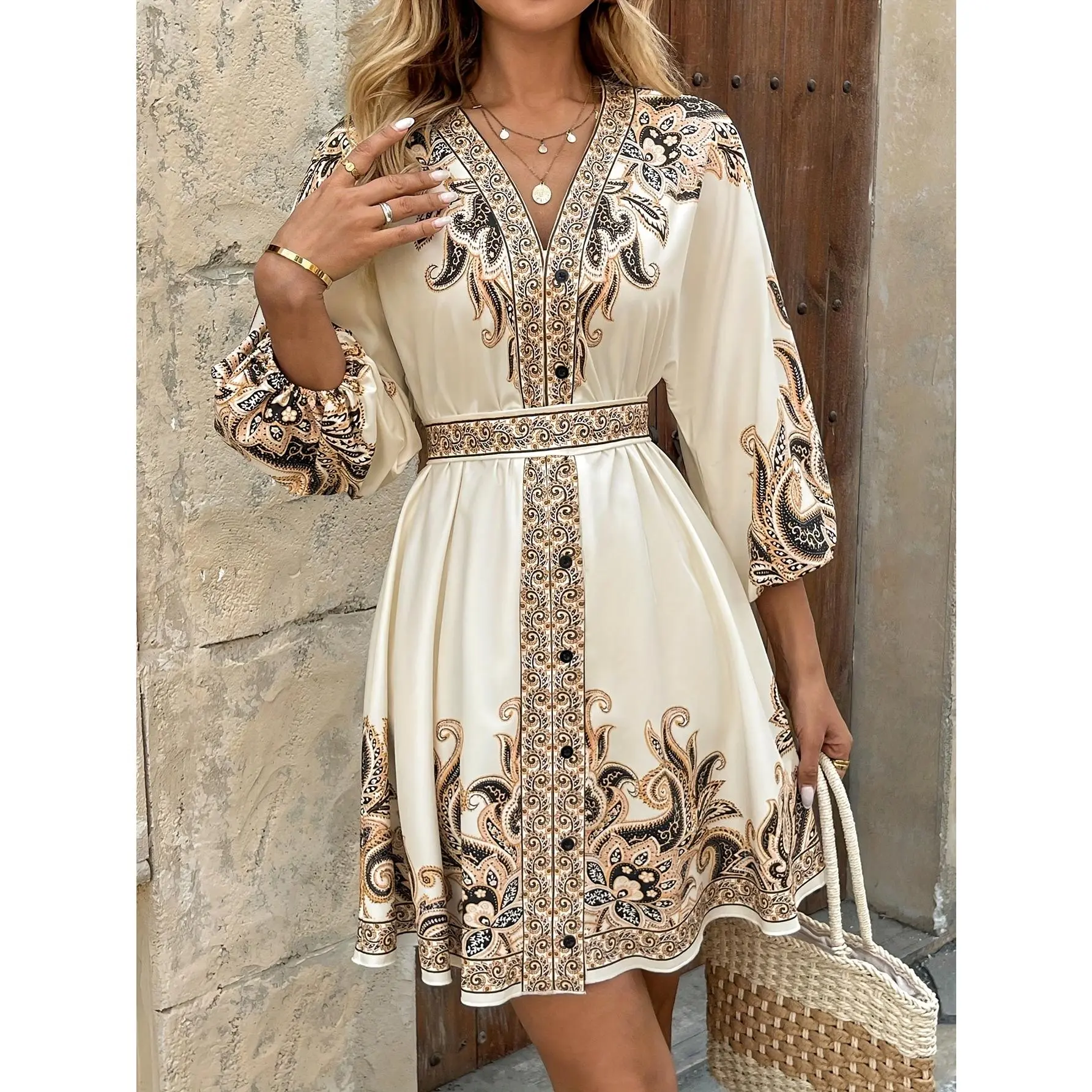 Women's V-Neck Apricot American-Style Gamis Casual Wear Long Dress - Comfortable, Versatile for Spring, Summer Dance & Outdoor Occasions