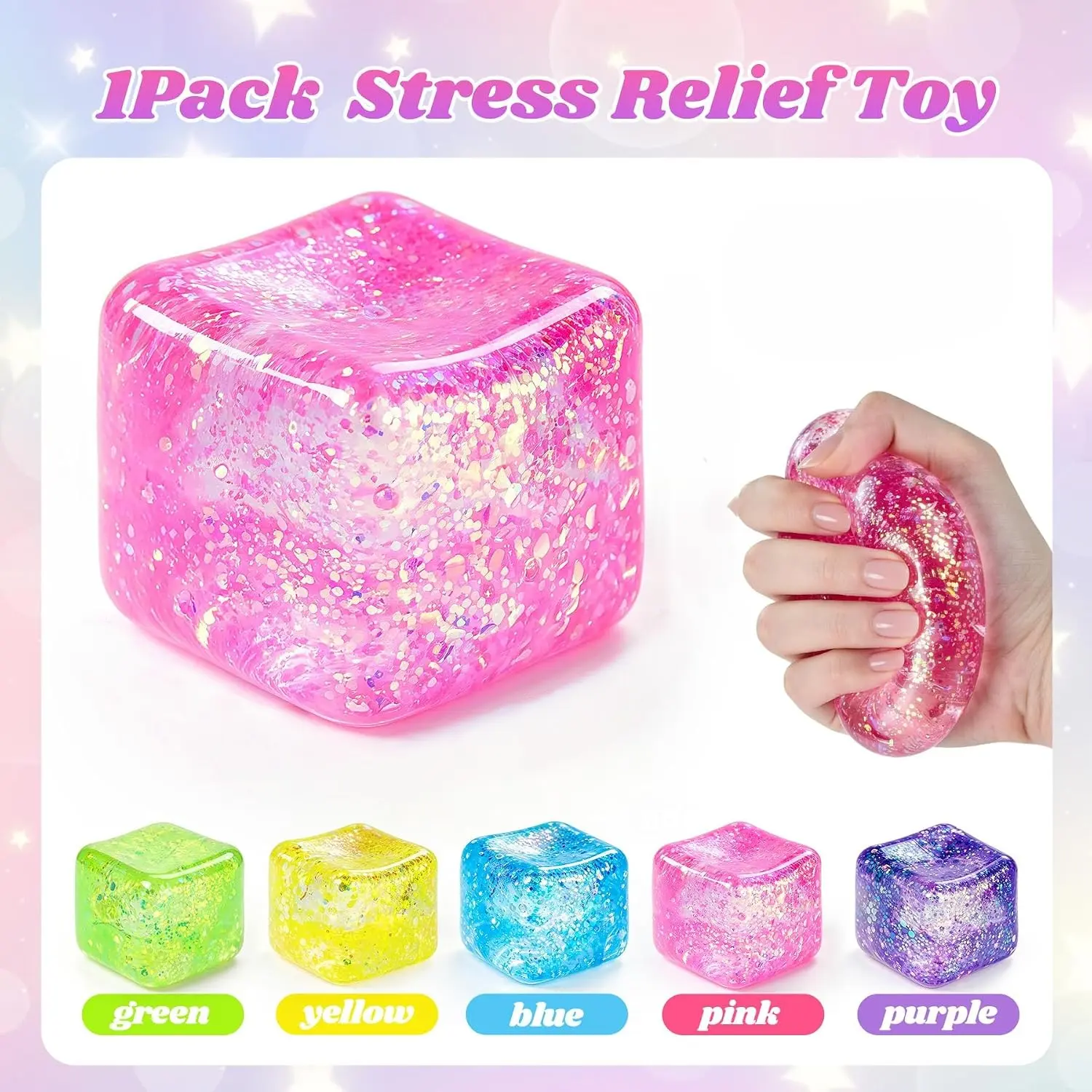 Glitter Cube Shape Stress Relief Toy - Unisex Sparkling Slow Rising Fidget, Soft Material Sensory Squeeze Toy