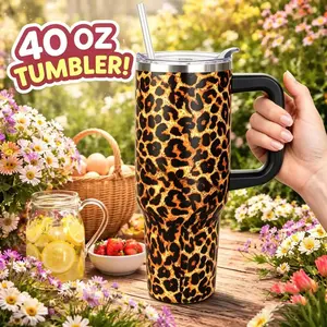 SYACOT 40oz Tumbler with handle,Water Bottles Travel Mug Food Grade SUS304 Double Wall,100% Leakproof Insulated Flask Cup,Keeps Drinkware Ice 24 Hours Hot for 12 Hours,Cup Holder Friendly Base,BPA FREE Bottled Lid,Thermal Leopard Water Bottle for Women