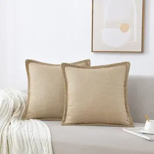Set of 2 Farmhouse Throw Pillow Covers - Burlap Trimmed Tailored Edges Decorative Cushion Covers for Bed Home Decoration (2 Pieces, 18" x18", Beige Brown/Band)