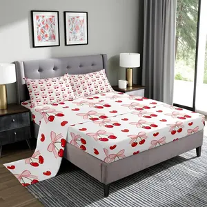 Pink Bow Girlish Kids Sheet,Bowknot Cherry Tropical Fruit Cartoon Bedding Set,Girls Women Room Decor,Cute Princess Style Pink Bow Tie Bed Sheet Set,(Fitted + Flat Sheet)