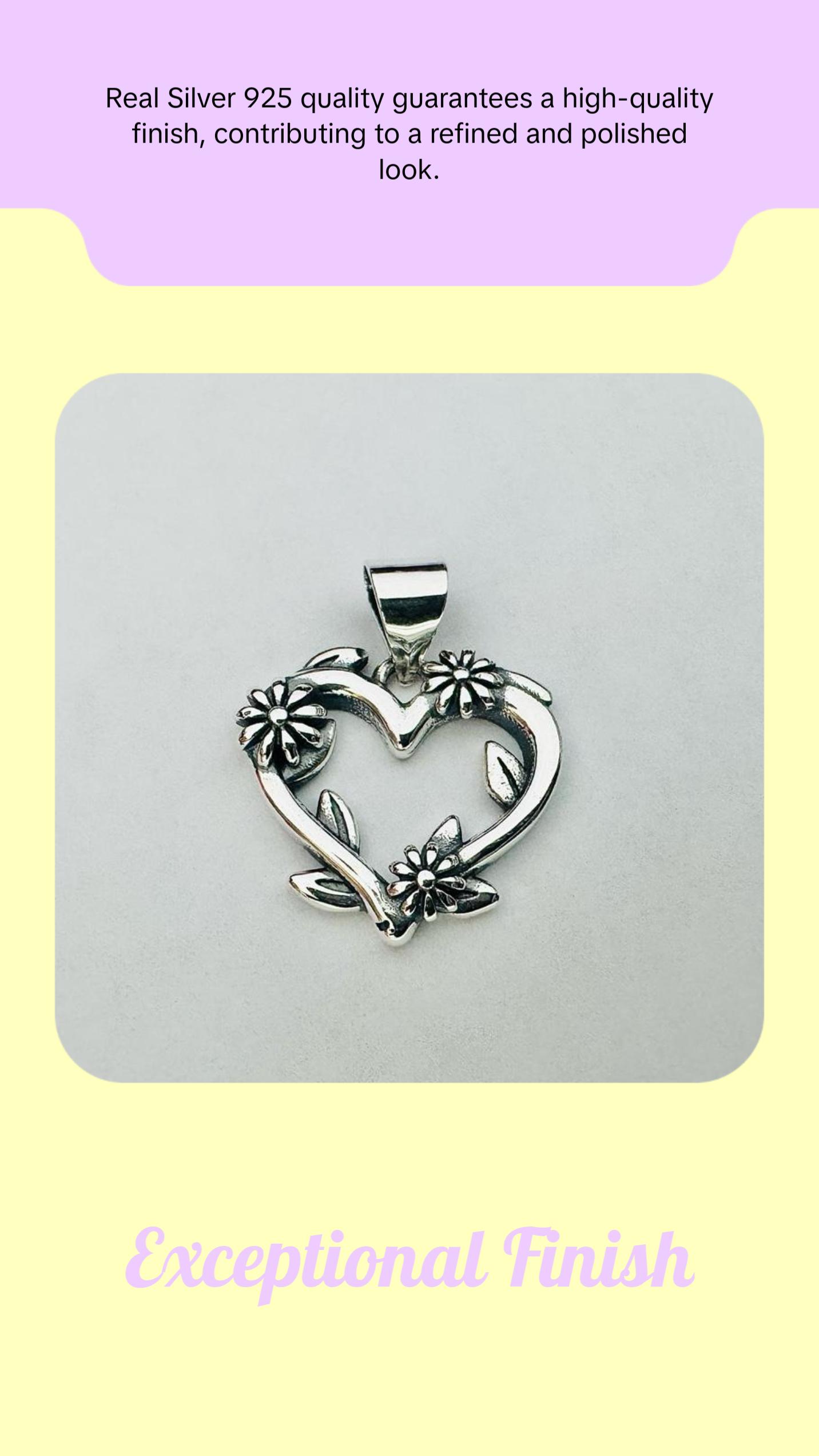 Silver Heart with Flowers Pendant, 925 Silver, Elegant Design for Everyday Jewelry and Accessories