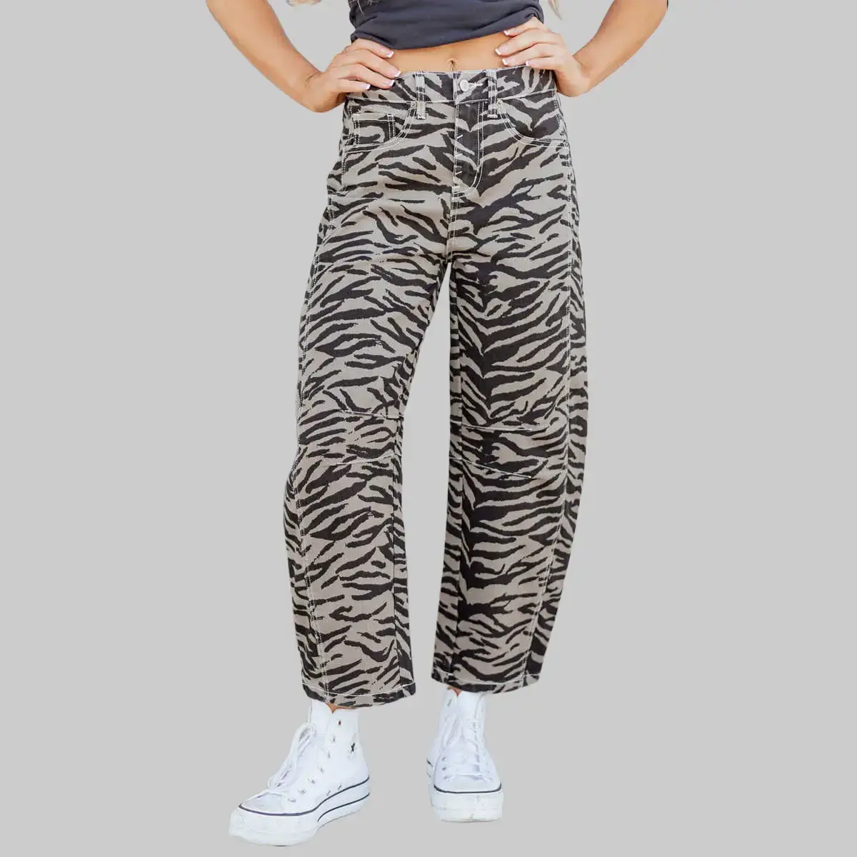 Dear-Lover Women's Zebra Print Barrel Leg Jeans, Mid-Rise Cropped Fit in a Soft Cotton Blend with Pockets and Button Closure, Fabric