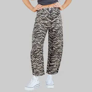 Gray Zebra Stripe Printed Wide Leg Jeansear - Mid-rise Waist, Barrel Leg Silhouette, Cropped Ankle Fit, Front & Back Pockets, Womenswear Bottom
