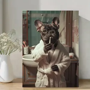 French Bulldog Art Print, Artistic - Cute Bathroom Scene with Furry Pajamas & Toothbrush, Framed Canvas Wall Decoration Suitable for Home, Office, Hotel - Gift for Dog Lovers, Fantasy Art Print, Canvas wall art, dog decoration