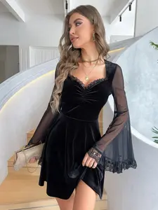 Women's Contrast Lace Ruched Velvet Dress, Elegant Chic Sweetheart Neck Flounce Sleeve A Line Short Dress for Party Guest, Birthday Dresses 2024, Ladies Spring & Fall Clothes Valentine's Day, gift