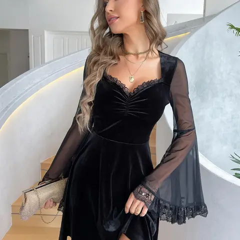 Women's Contrast Lace Ruched Velvet Dress, Elegant Fashion Dress, Solid Color Sweetheart Neck Long Flounce Sleeve A Line Short Dress for Party, Formal, Evening Events