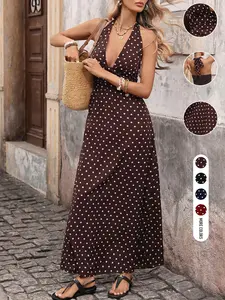 Women's Summer Sexy Polka Dot Sleeveless Boho Dress, Backless Fitted Casual Elegant Long Dress, Home Outdoor City Trendy Style