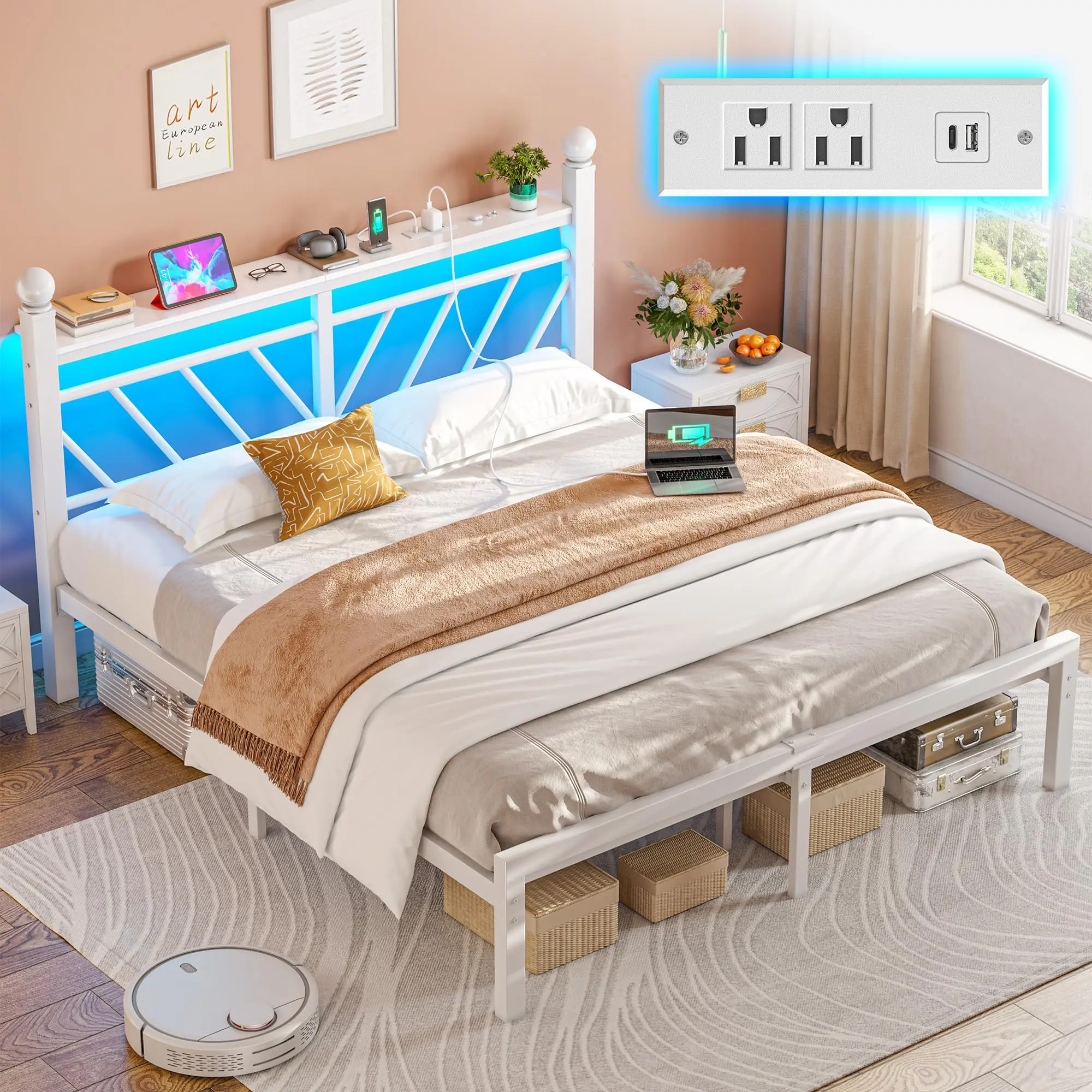 [RaybeeBrandyDay]RaybeeFurniture Twin/Full/Queen Metal Bed Frames ,with LED Lights and Charging Station, Sturdy Bed Frames with Headboard and Footboard, with Storage Shelves and Under Bed Storage, No Box Spring Needed, Noise Free[Black Friday]