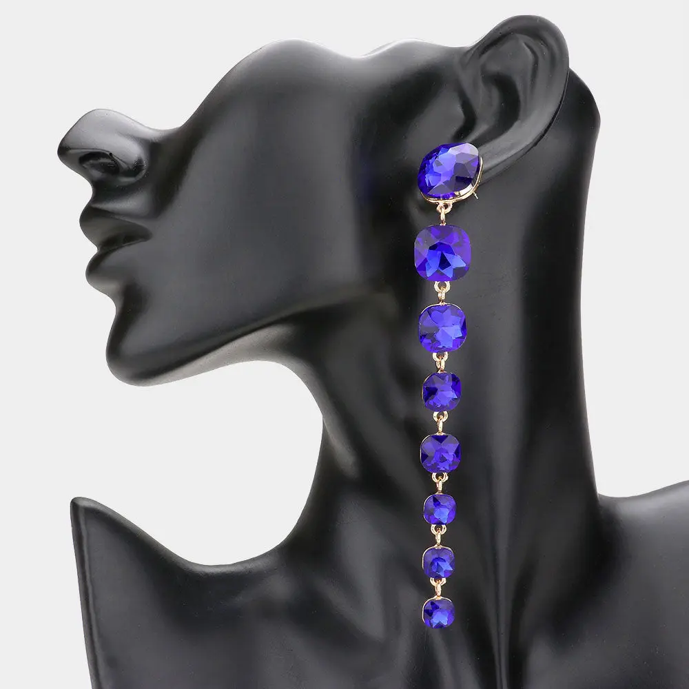 Long Royal Blue Cushion Square Stone Link Pageant Earrings  | Pageant Jewelry | 570543