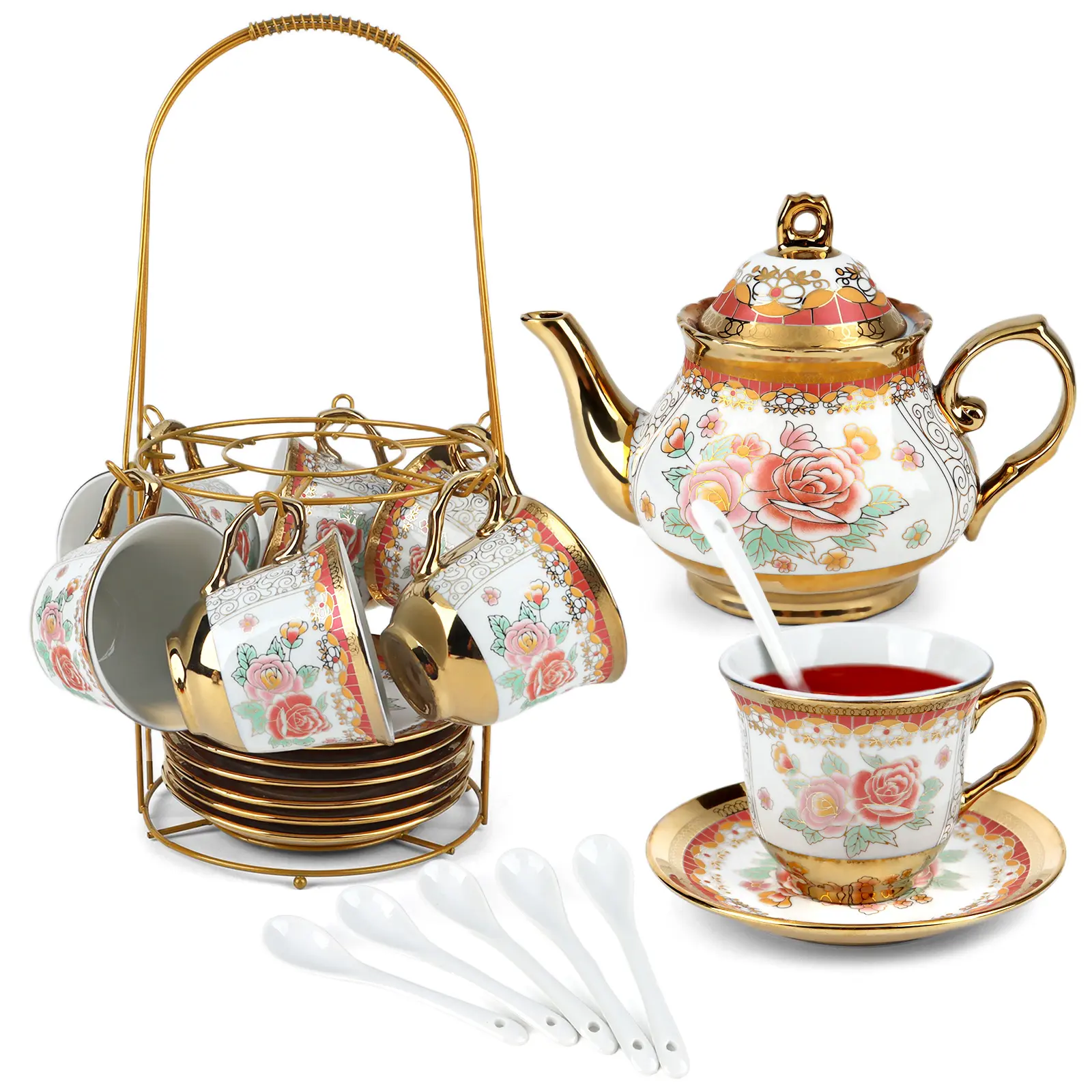 20 Pack Porcelain Tea Set with Metal Holder, European Classic Ceramic Tea Set for Adults, Flower Ceramic Tea Cups (6oz), Teapot (23.6oz), & Saucers for Women Tea Party (Red)