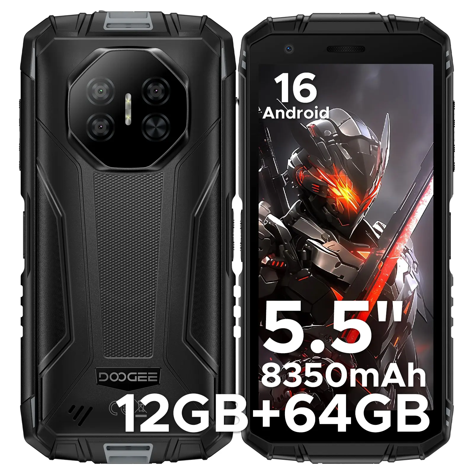 DOOGEE Fire 3 Rugged Phone Unlocked - Android 16, 12GB+64GB (2TB TF) Rugged Smartphone, 8350mAh Battery, 5.5" HD+ Screen, 13MP AI Camera, IP68/IP69K Waterproof/NFC/Face ID/GPS, 4G Dual SIM Outdoor Smartphone