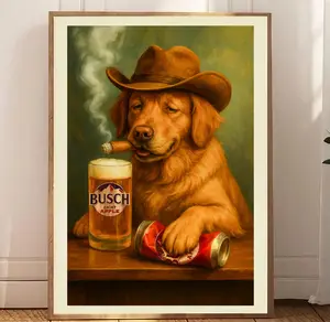 Dogs Cowboy light one up and Drink Brew Print, Dogs Neutral Aesthetic Vintage Art frameless poster, Funky Western Art Wall Art, Unique Gift for Men Dad