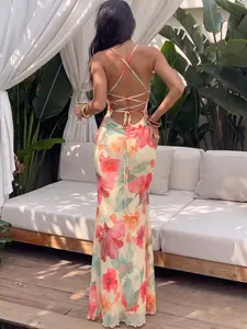 Women's Tropical Floral Cross Back Dress, Sleeveless Slim Fit Evening Gown, Sexy Summer Party Dress, Elegant Night Out Wear, Womenswear