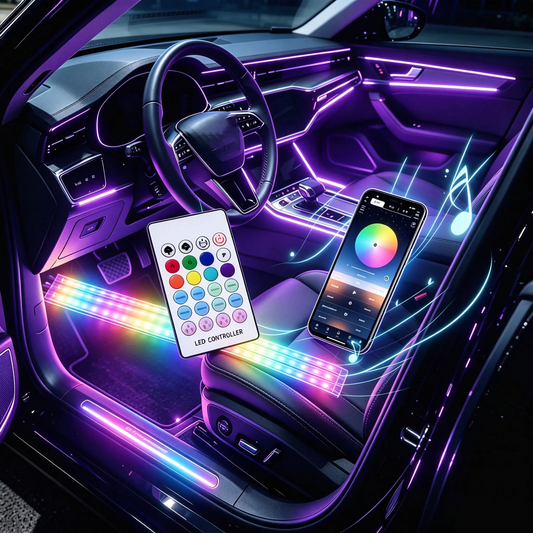 4-in-1  Truck Footwell  Atmosphere Light - Bluetooth App & Remote Control, Music Sync Dynamic Scanning, Multi-Color DIY Mode Interior Decor Neon Light Assembly rgb car ambient