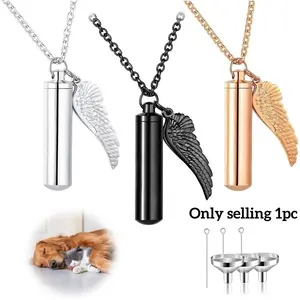 Ashes Pendant Gothic Stainless Steel Cylindrical Small Wings Memory of Loved Ones Pet Cat Dog Necklace Easy To Carry Everyday Wear Pet Tribute Supplies Dangling Charms Necklace