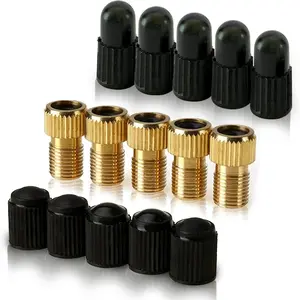 Brass Presta Valve Adaptor (Pack of 5 + 10 Caps) - Convert Presta to Schrader for All Types Rod of Bikes, e-Bikes, and e-Scooters - Inflate Tire Using Standard Pump or Air Compressor
