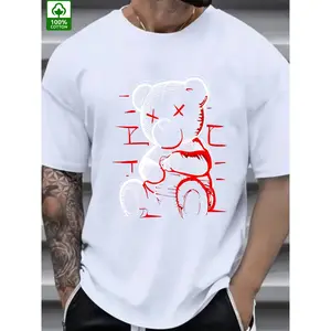 100% Cotton Men's Trendy Summer Cotton T-Shirt with Devil Bear Graphic Print - Casual Crew Neck, Short Sleeve, 100% Cotton, Machine Washable, Casual Attire