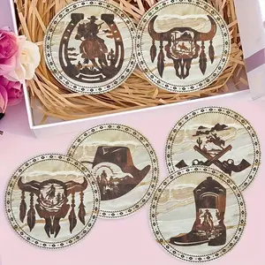 Western Cowboy Pattern Wooden Coaster, 6 Counts/set Heat Resistant Non-slip Decorative Coaster, Decorative Placemat for Home Living Room Coffee Table